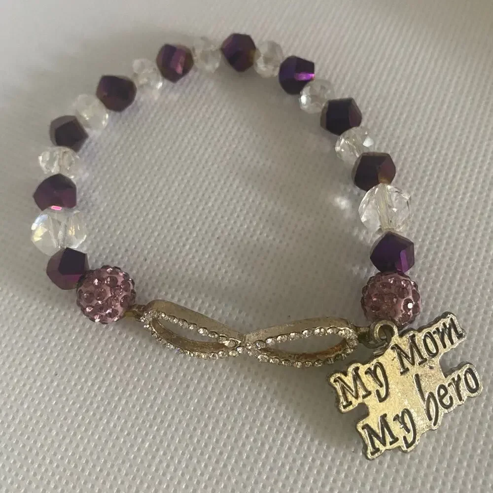 Purple Mom Charm Bracelet Set of 3 Beaded Faux Pearl Crystal Stretch Jewelry